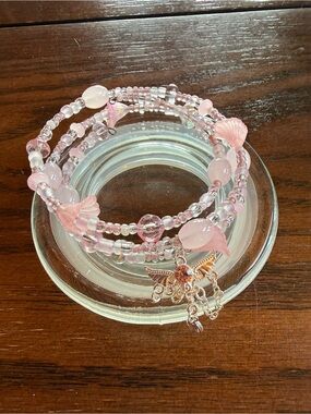 Handcrafted Pink Beaded Wrap Bracelet with Angel Wing Charm